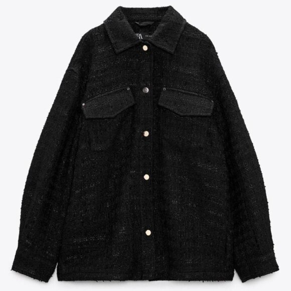 ZARA Black Boucle Tweed Overshirt Shacket Jacket Oversized Sz XS NEW w Tags - Picture 4 of 6